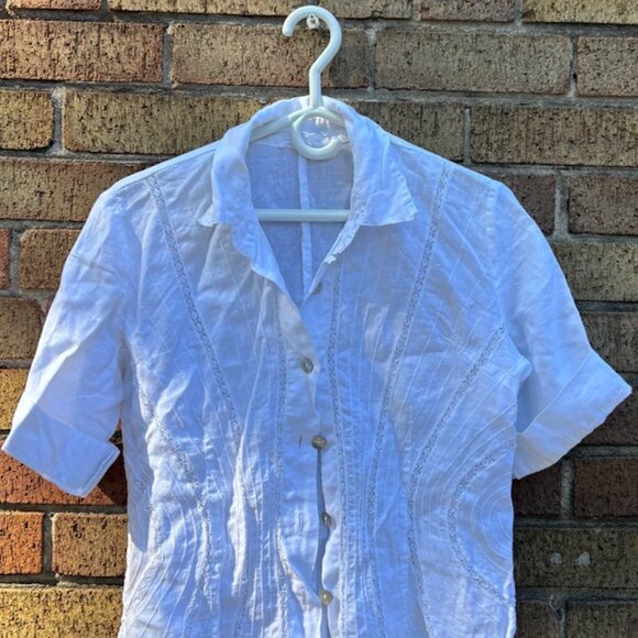 White Short-Sleeve Button-Down Blouse –100% Linen Made in Italy - Picture 1 of 3